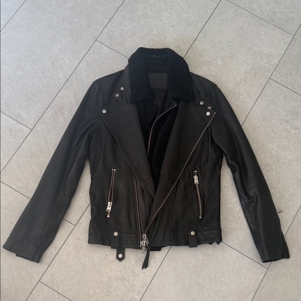 All Saints Black Leather Biker Jacket- XS